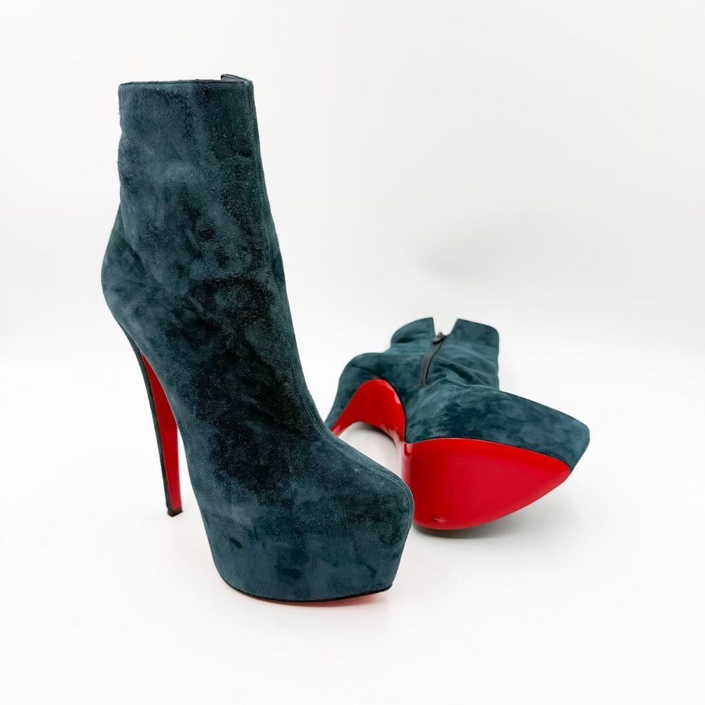 Christian Louboutin Daf Platform Ankle Boots Teal Suede Heels EU 38.5 US 8.5